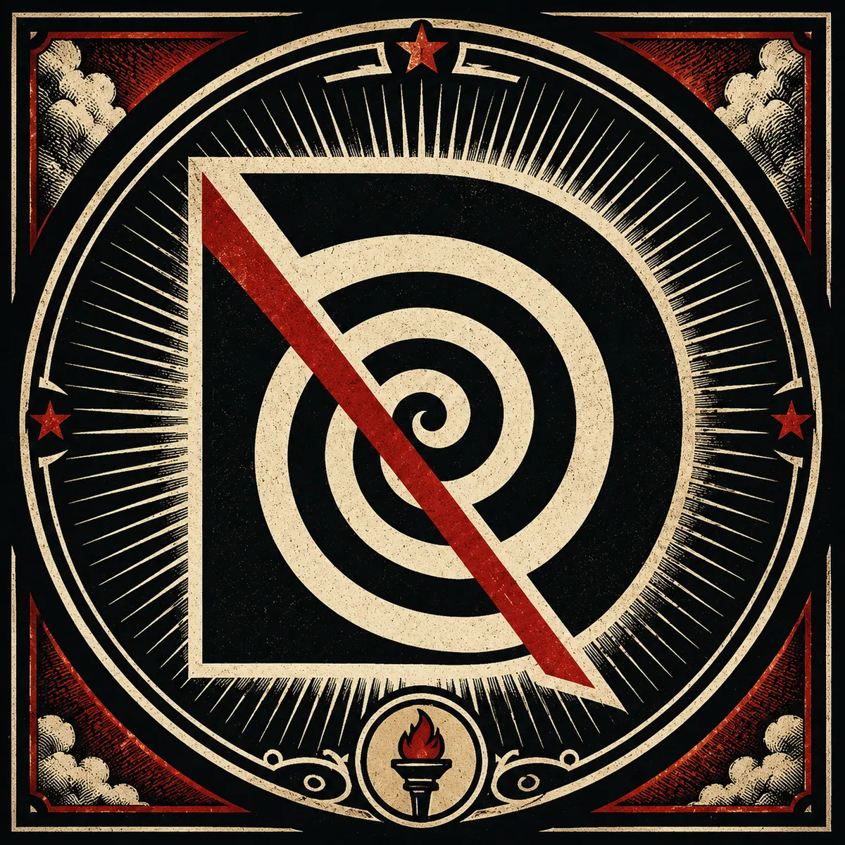Democracy Deprogramming D-and-spiral emblem cut by a redline slash