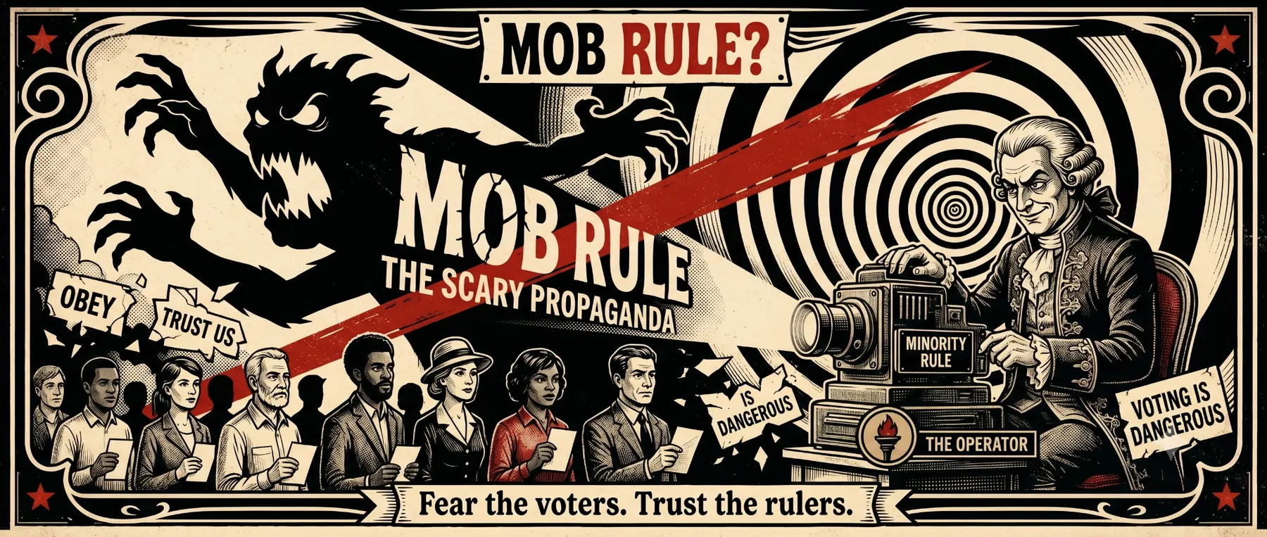 Mob Rule shadow puppet poster showing minority rule operating the fear projection